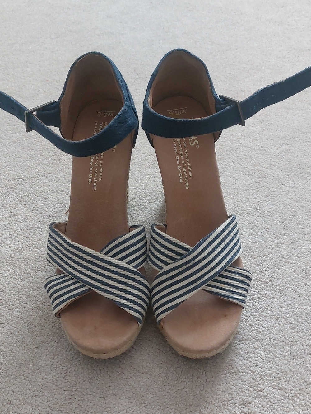 Toms Navy and White Striped Crisscross Ankle Strap Wedges